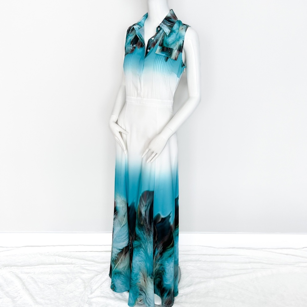Waggon Paris | Maxi Tropical Summer Spring Dress White Turquoise M - Picture 4 of 17